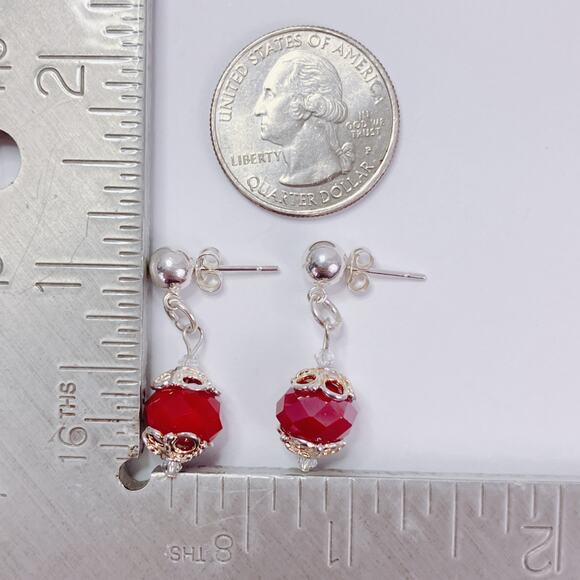 VTG Artisan Sterling Silver Faceted Red Glass Dangle Earrings Handmade Dainty - Picture 10 of 11